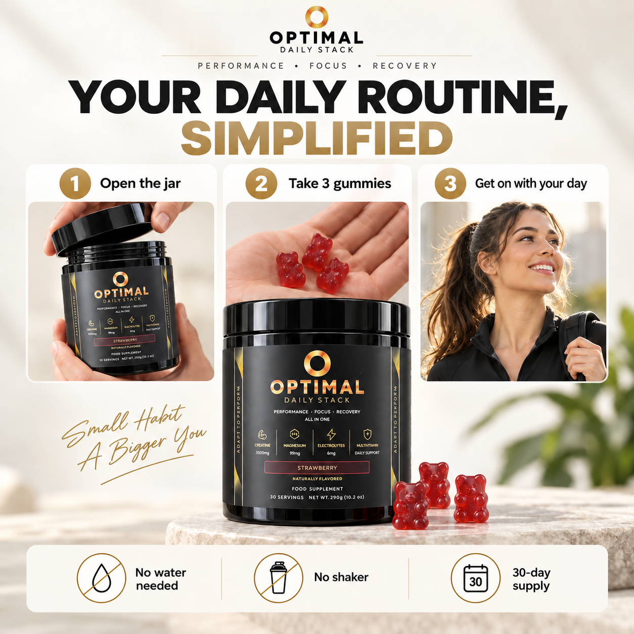 Your daily routine, simplified: open the jar, take 3 gummies, get on with your day