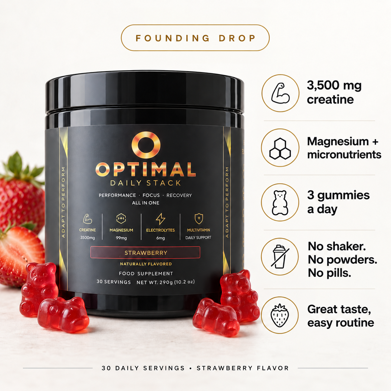 OPTIMAL Daily Stack jar with strawberries, gummies and key benefits: 3,500 mg creatine, magnesium and micronutrients, 3 gummies a day