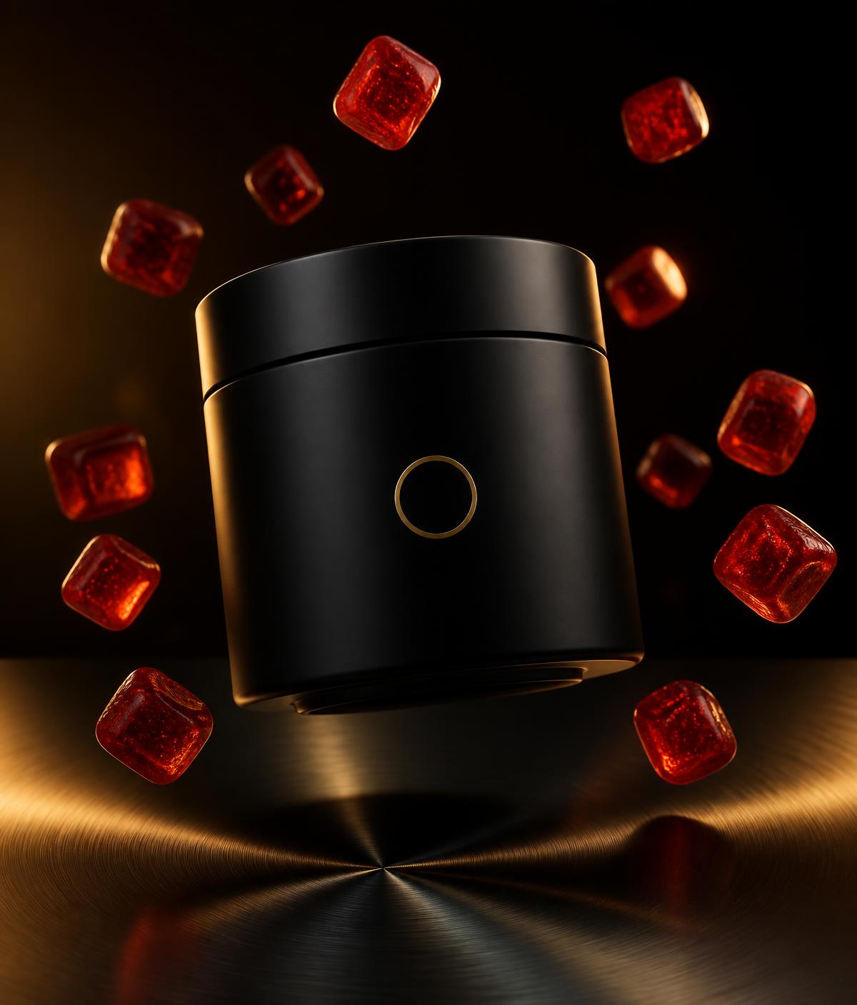 OPTIMAL jar suspended above brushed metal with deep red gummies floating around it