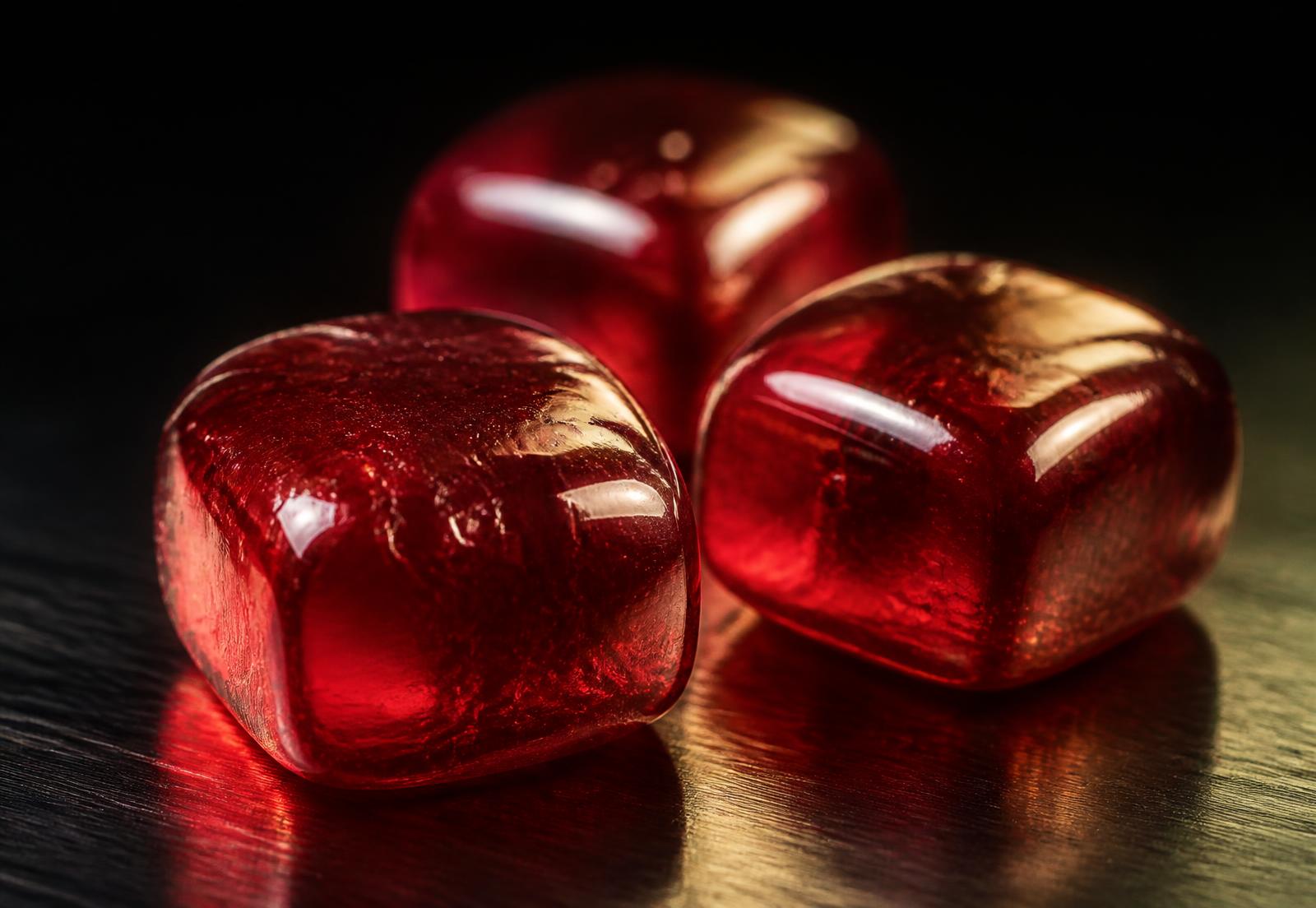 Macro photograph of three deep red OPTIMAL gummies on brushed dark metal
